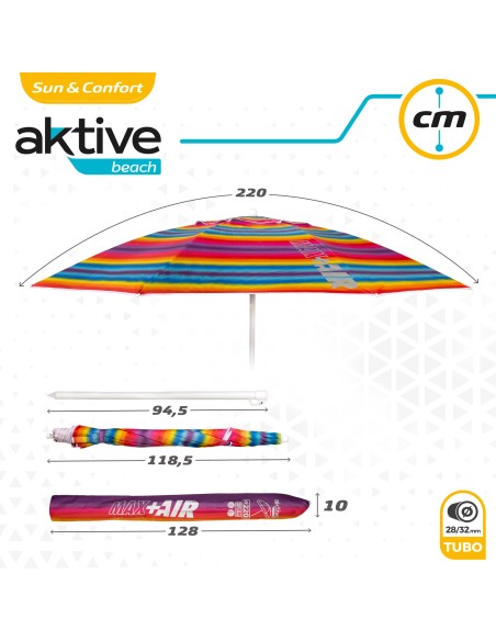 Parapluie de plage coupe-vent 8 tiges 220 cm rayures multicolores